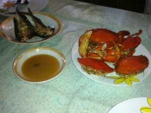 Breakfast of dried fish and crabs